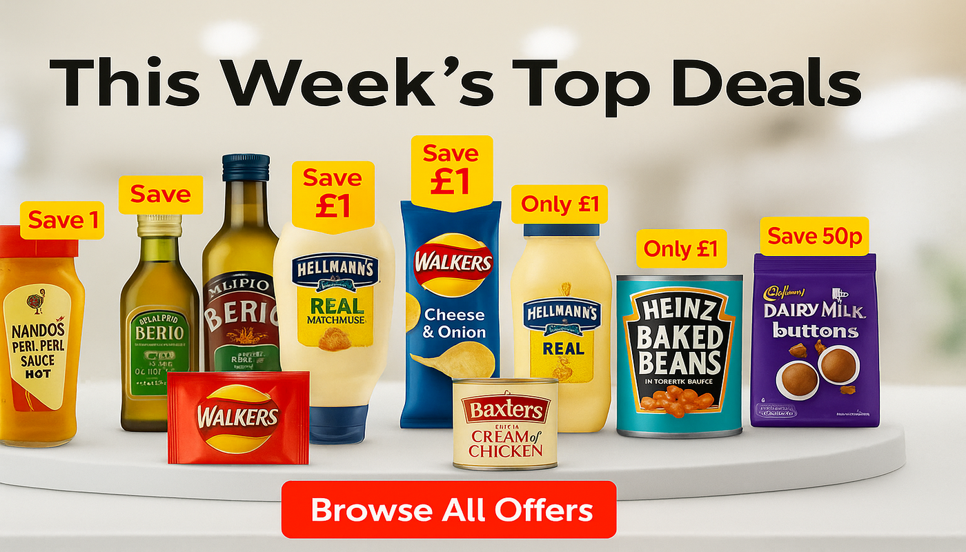 Promotional display of various food products with price tags and deals on a white background on the supermarket banner.