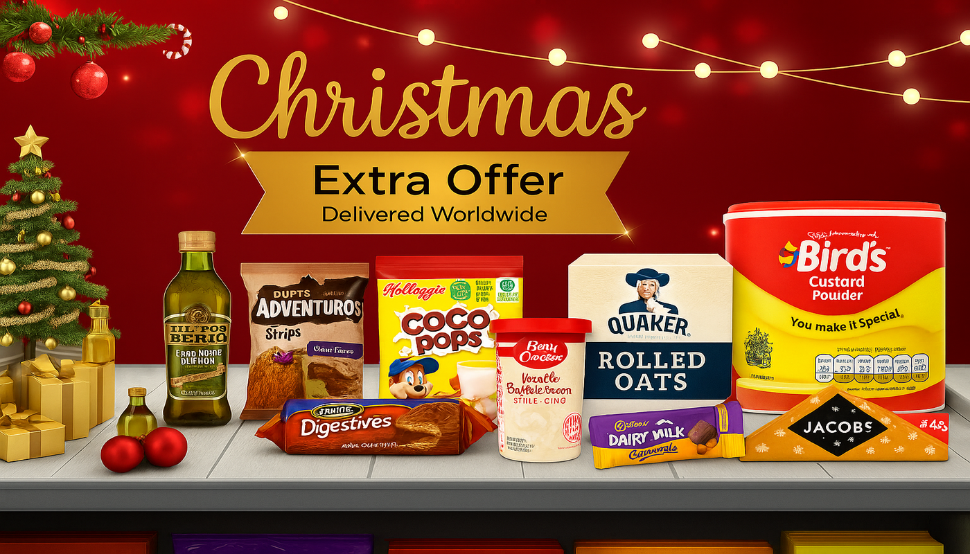 Festive Christmas sale banner for BritishGram.com online supermarket, featuring popular grocery items like Coco Pops, Quaker Rolled Oats, Digestives, and Birds Custard Powder. The background is decorated with a Christmas tree, string lights, and gold gift boxes, with the text "Christmas Extra Offer - Delivered Worldwide" prominently displayed.