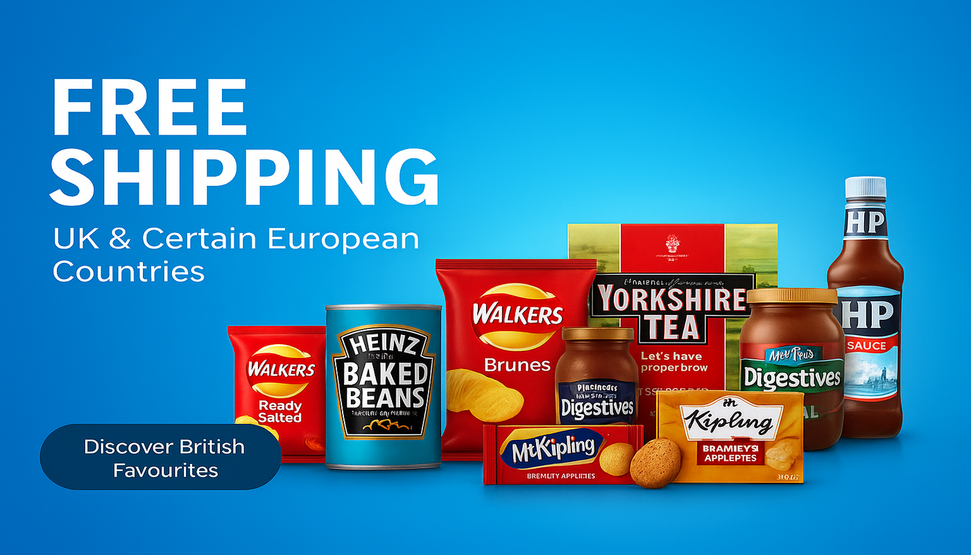Assorted British food products with free shipping offer on a blue background of supermarket banner.