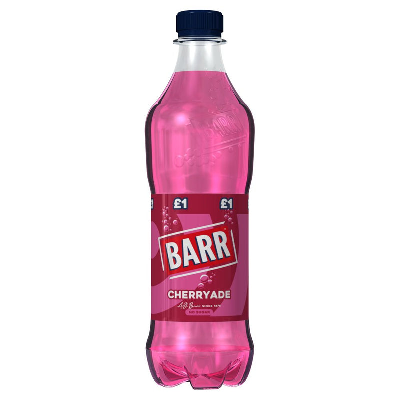 Pink bottle of Barr Cherryade on a white background