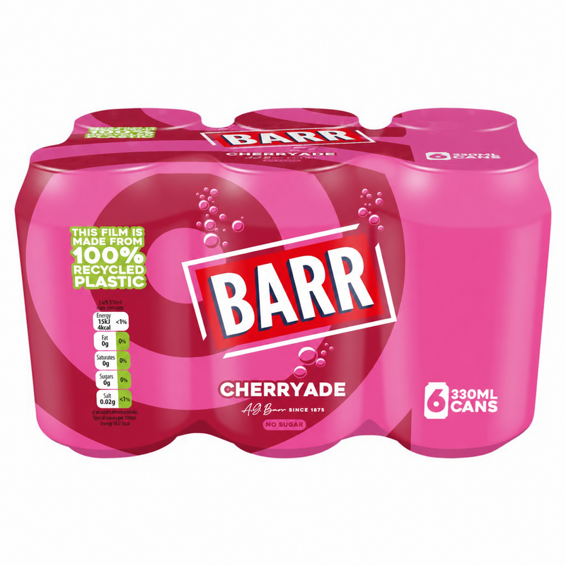A six-pack of Barr Cherryade non-alcoholic wine mix in a shrink-wrapped cardboard case, shown on a plain white background.