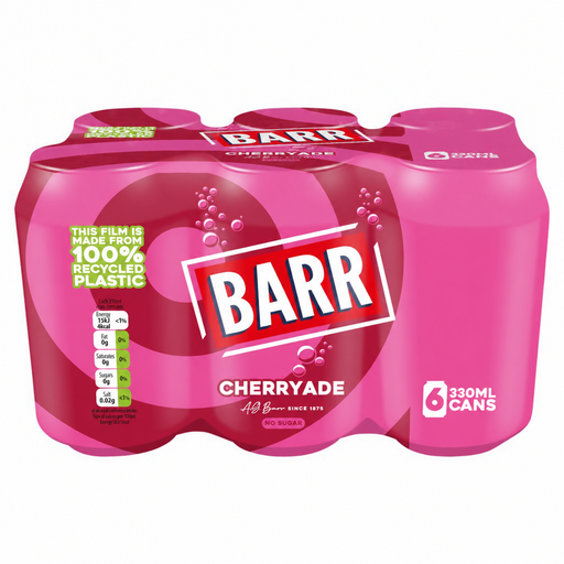 A six-pack of Barr Cherryade non-alcoholic wine mix in a shrink-wrapped cardboard case, shown on a plain white background.