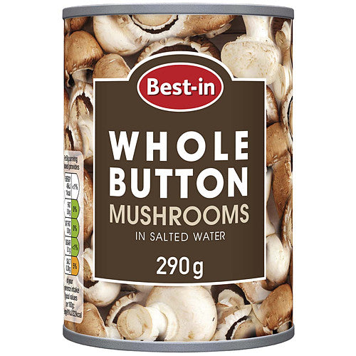 Can of Best-in Whole Button Mushrooms with label on a white background