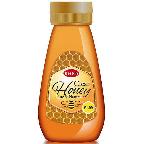 A bottle of Best-in Clear Honey, Pure & Natural, with an amber-colored plastic body, a gold cap, and a honeycomb-patterned label on a white background.