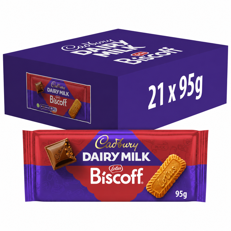 Box of Cadbury Dairy Milk and Lotus Biscoff chocolate bars on a white background