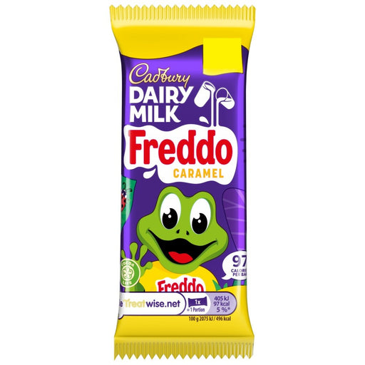 Cadbury Dairy Milk Freddo Caramel chocolate bar packaging with a purple and yellow design.
