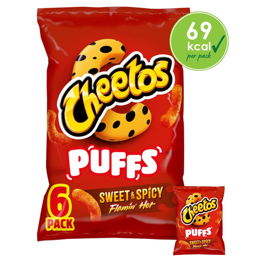 Cheetos Puffs Sweet & Spicy Flamin' Hot snack package with a smaller inset showing a single packet.