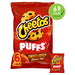Cheetos Puffs Sweet & Spicy Flamin' Hot snack package with a smaller inset showing a single packet.