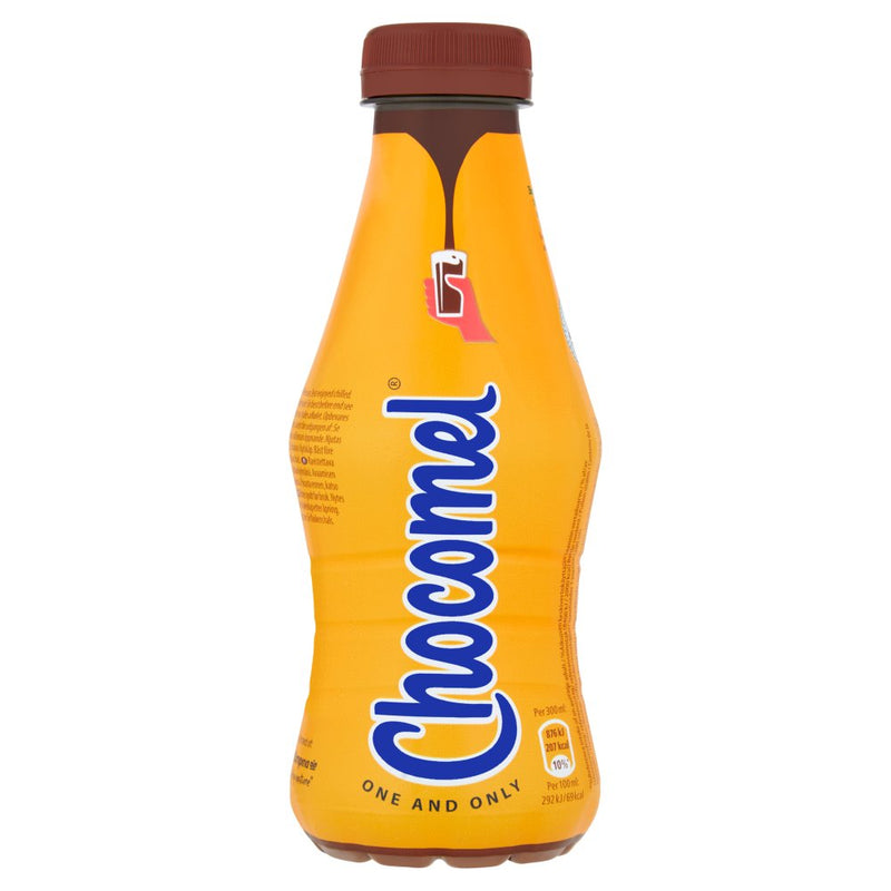 Chocomel bottle with yellow label and brown cap on a white background