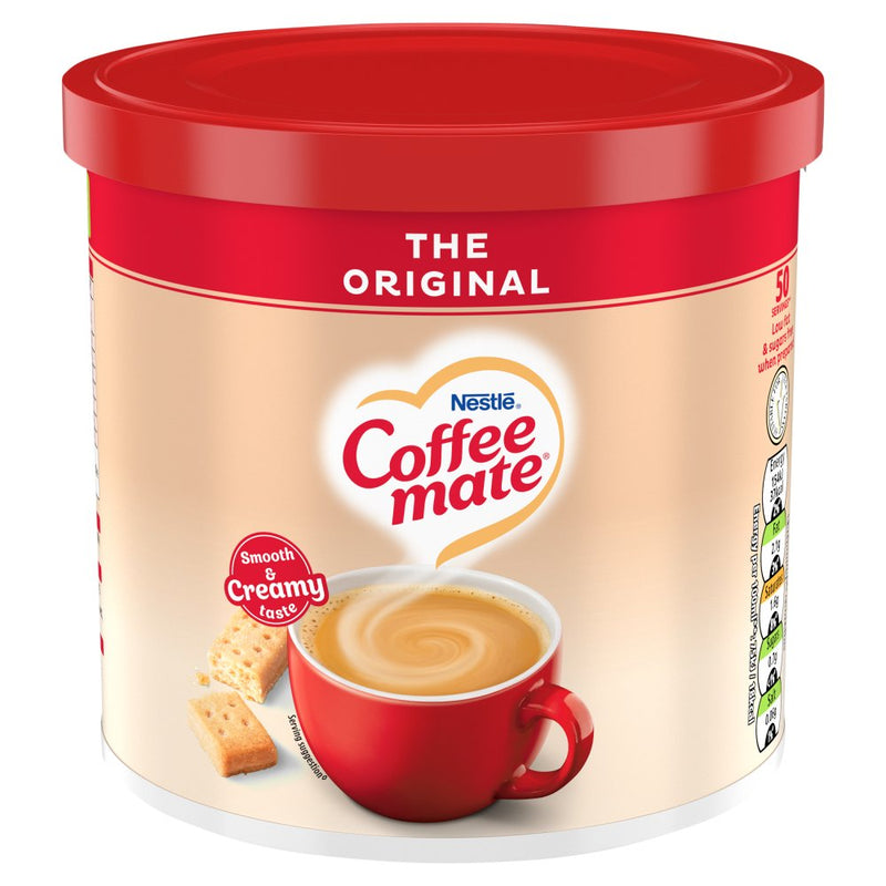 Nestle Coffee-mate container with a red lid and cup of coffee on a white background