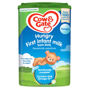 Cow & Gate Hungry First Infant Milk packaging with a bear illustration on a white background