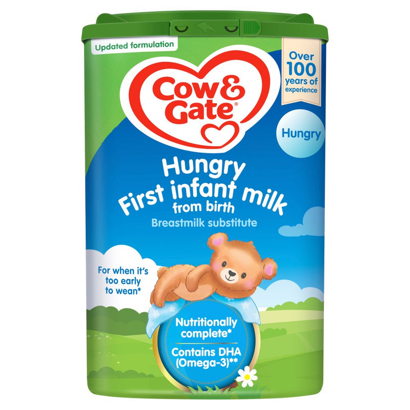 Cow & Gate Hungry First Infant Milk packaging with a bear illustration on a white background