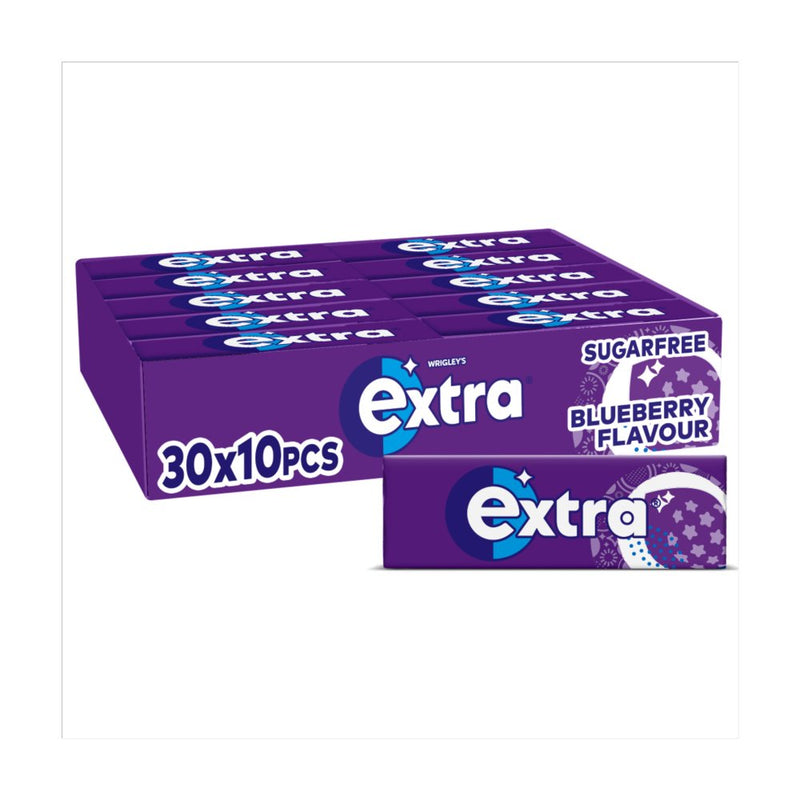 A box of extra Sugarfree Blueberry Flavour gum, 30x10 pieces, in purple packaging with white and blue branding.