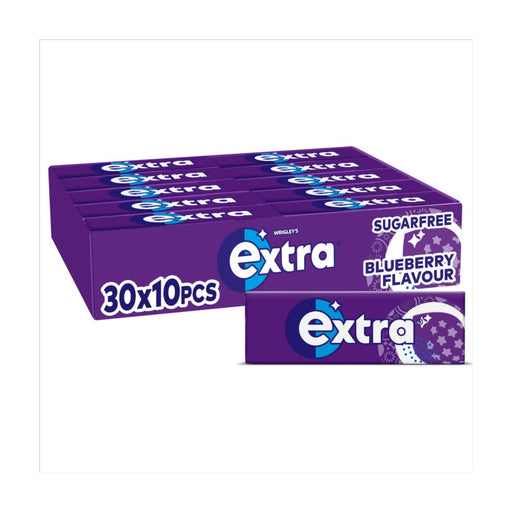 A box of extra Sugarfree Blueberry Flavour gum, 30x10 pieces, in purple packaging with white and blue branding.