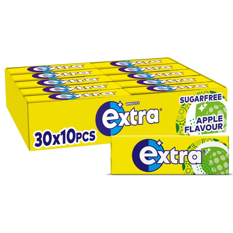 Box of Extra sugar-free apple-flavored chewing gum with multiple boxes stacked on a white background.