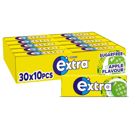 Box of Extra sugar-free apple-flavored chewing gum with multiple boxes stacked on a white background.