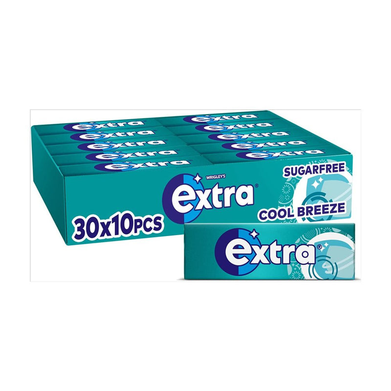 A box of Extra Cool Breeze Sugarfree gum mints, 30x10 pieces, shown alongside an individual pack on a plain white background.