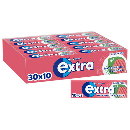 Box of Wrigley's Extra watermelon-flavored gum with a smaller pack on a white background