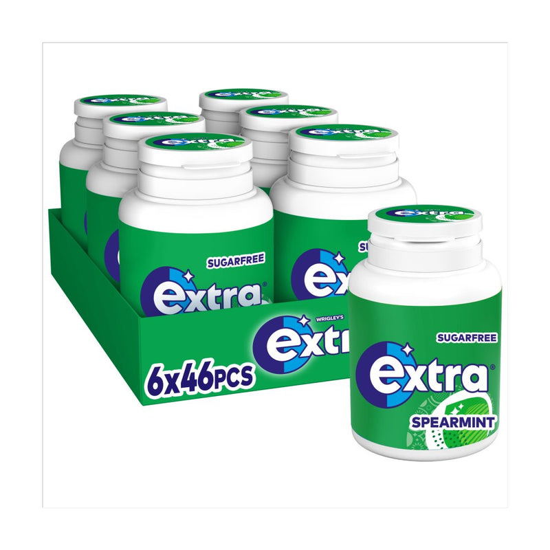 A 6-pack display of Extra Sugarfree Spearmint gum bottles with one bottle in the foreground, shown on a white background.