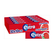 Red box of Extra Strawberry sugarfree chewing gum with multiple layers.