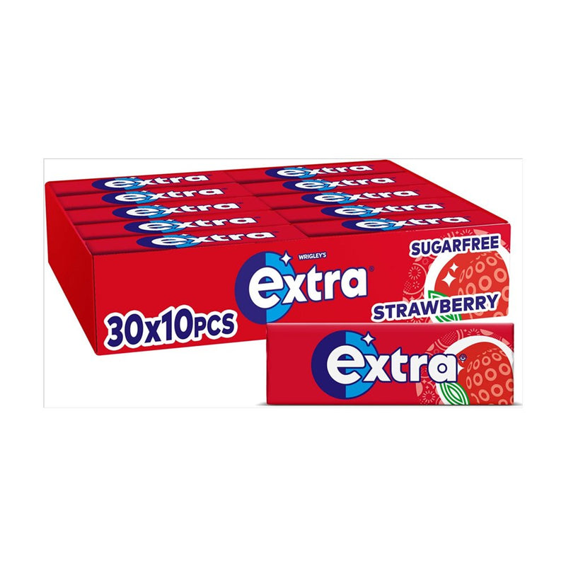 Red box of Extra Strawberry sugarfree chewing gum with multiple layers.