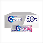 Extra White Bubblemint sugarfree gum pack, 10 pieces, shown in front of a larger 30-count box on a white background.