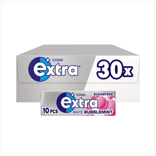 Extra White Bubblemint sugarfree gum pack, 10 pieces, shown in front of a larger 30-count box on a white background.