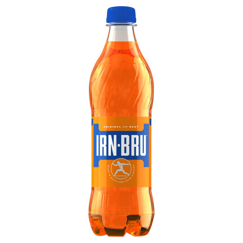 IRN-BRU bottle with orange liquid and blue label on a white background