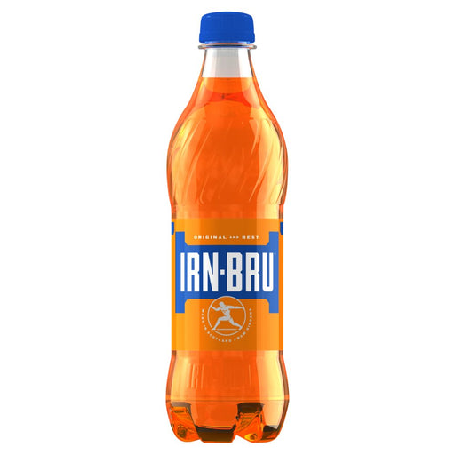 IRN-BRU bottle with orange liquid and blue label on a white background