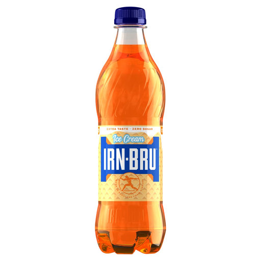 IRN-BRU bottle with blue cap on a white background