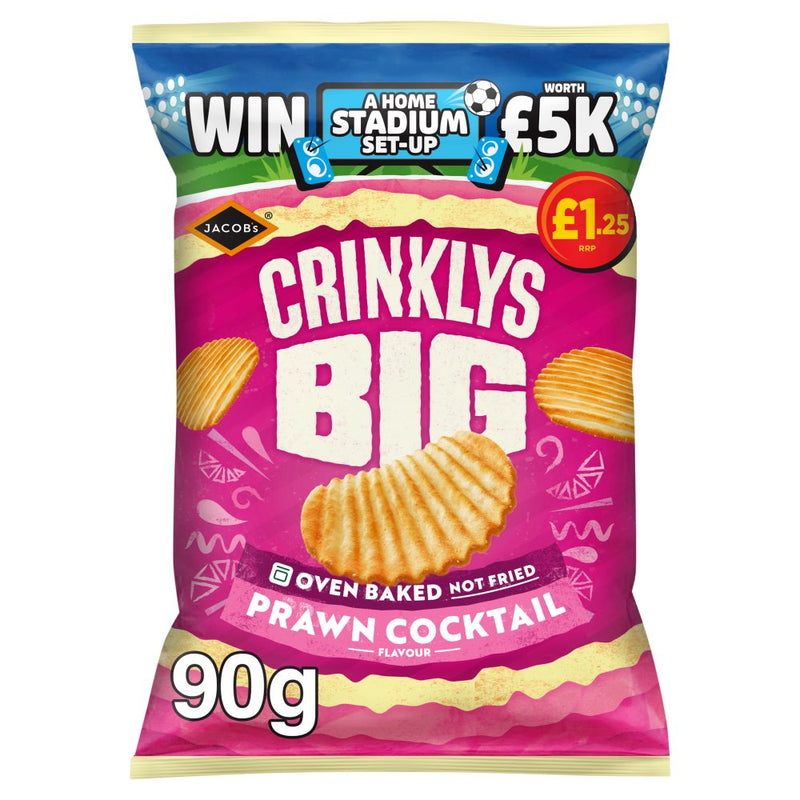 A 90g bag of Crinklys Big Prawn Cocktail flavored potato chips. The packaging is predominantly bright pink with a blue banner at the top, featuring the brand name Jacobs and a graphic of a crinkled chip.