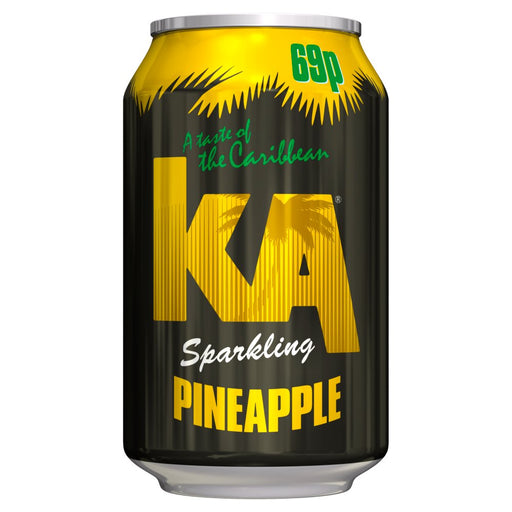 KA Sparkling Pineapple can with yellow and black design on a white background