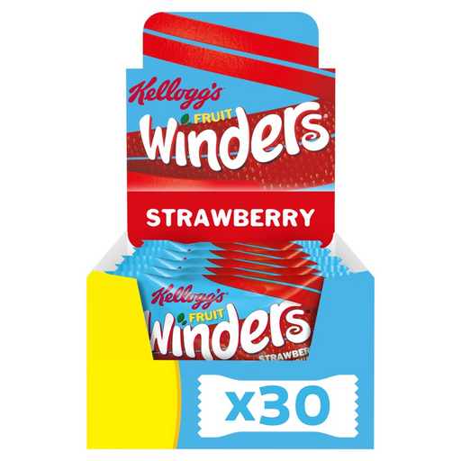 Packaging of Kellogg's Fruit Winders Strawberry cereal bars with red, blue, and yellow colors.