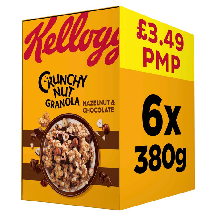 Kellogg's Crunchy Nut Granola box with price and quantity information on a yellow background