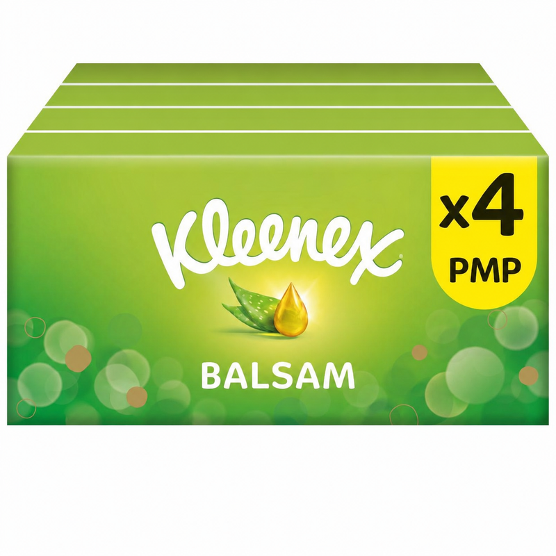 Kleenex Balsam multi-pack box showing four packs of handkerchiefs, with a green background, white Kleenex logo, and a yellow badge indicating x4 PMP.