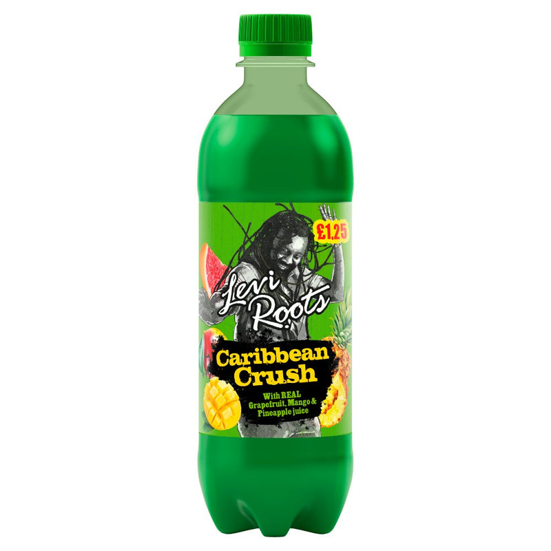Green bottle of Levi Roots Caribbean Crush on a white background