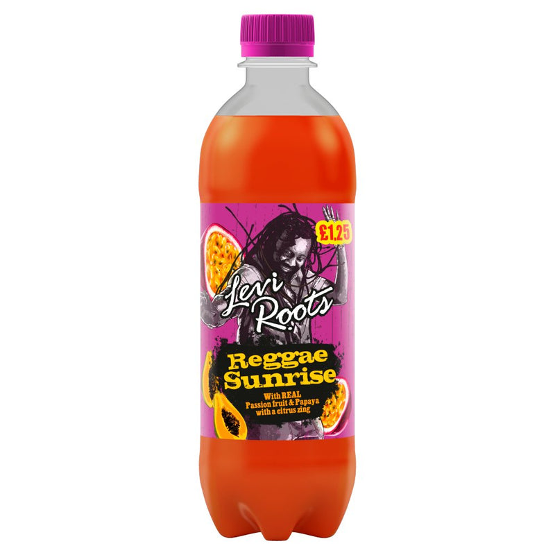 Orange bottle of Levi Roots Reggae Sunrise with a purple cap on a white background