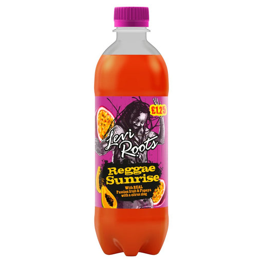 Orange bottle of Levi Roots Reggae Sunrise with a purple cap on a white background