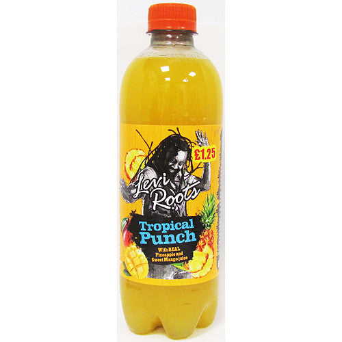 Bottle of 'Leni Roots Tropical Punch' with a colorful label on a white background