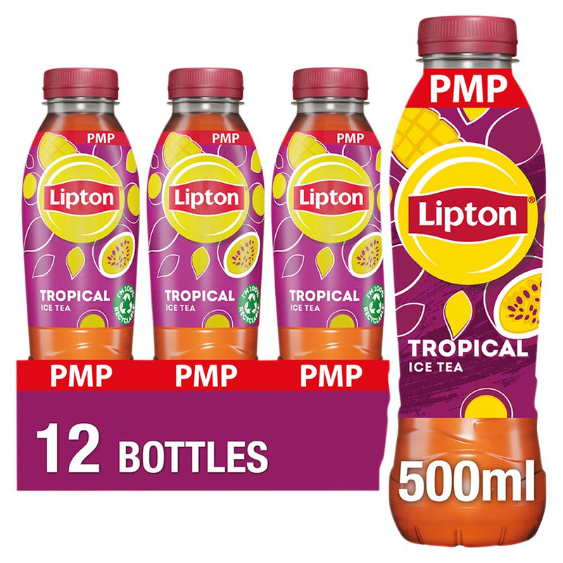 Lipton Tropical Ice Tea bottles with a display box on a white background
