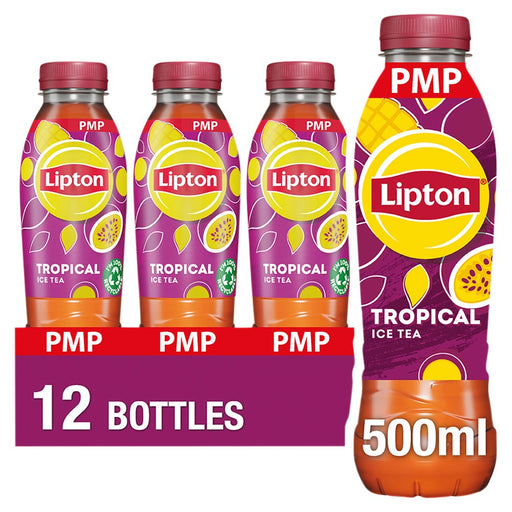 Lipton Tropical Ice Tea bottles with a display box on a white background