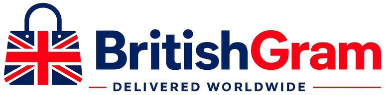 BritishGram logo with Union Jack shopping bag icon and Delivered Worldwide slogan