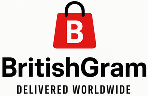 Logo of BritishGram with a red shopping bag and letter 'B' on a white background.