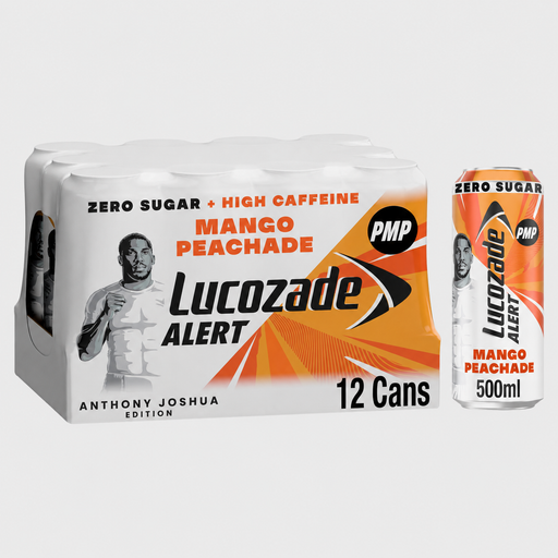 Lucozade Alert Mango Peachade cans with packaging on a white background