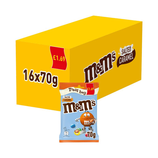 Yellow box of M&M's Salted Caramel candy with a single bag in front on a white background