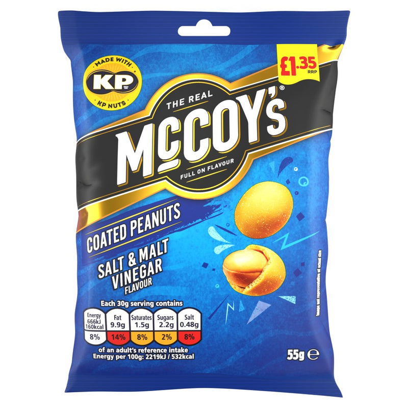 Packaging of Mccoys Salt & Malt Vinegar Coated Peanuts with KP logo on a blue background