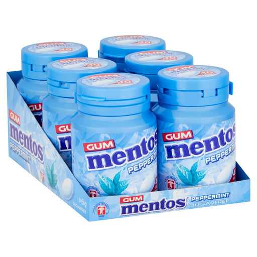 A 6-pack of Mentos Peppermint Gum in blue plastic bottles, displayed inside a matching blue cardboard tray on a white background.