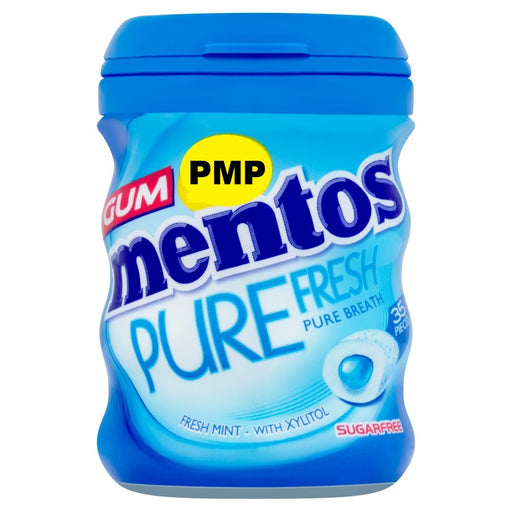 Blue container of Mentos Pure Fresh gum with PMP branding on a white background