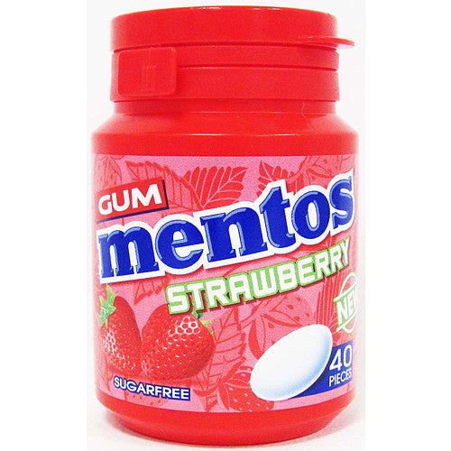 A red plastic container of Mentos Strawberry gum, featuring the blue and white Mentos logo, strawberry illustrations, and text indicating it is sugarfree and contains 40 pieces.