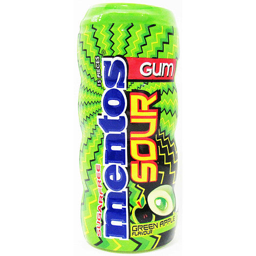 Mentos Sour Green Apple flavor gum can on a white background